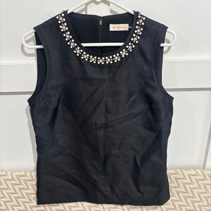 Tory Burch Women's 100% Silk Black Sleeveless Blouse Gem Embellished Size Small